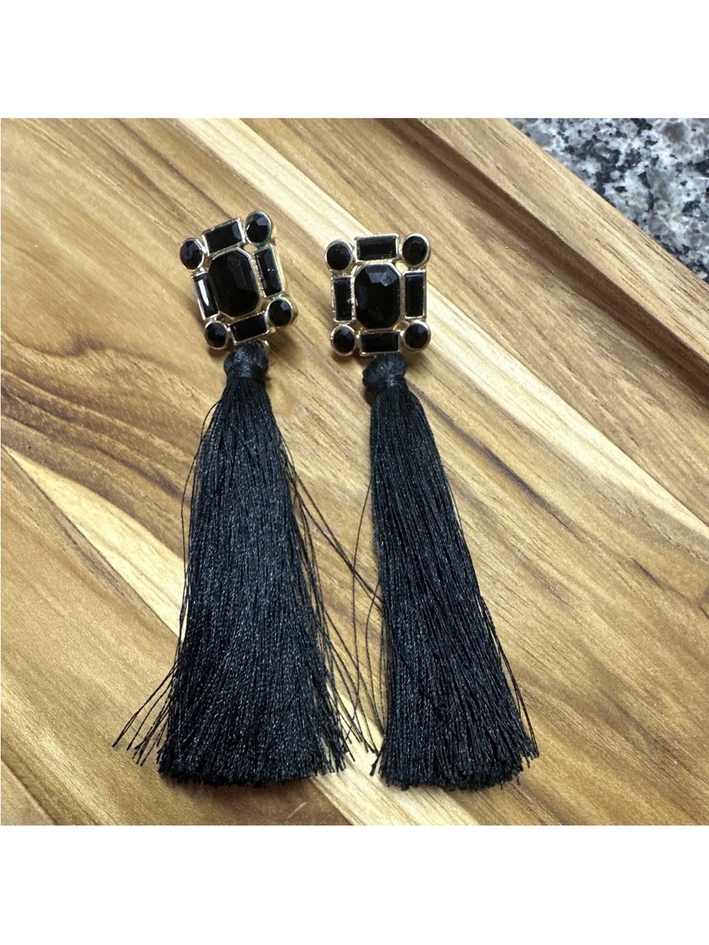 Black Crystal Stud Gold Tone Bezel Tassel Dangle Fringe Drop Earrings